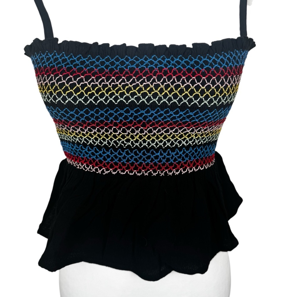NWT Day + Moon Black Smocked Multicolor Cami Crop Tank Top Peplum Stretch - Picture 4 of 12